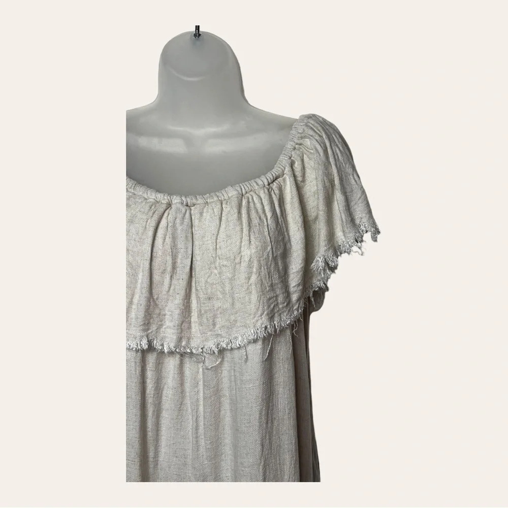 0089. Umgee OFF SHOULDER BOHO MINI DRESS BEIGE IN COLOR SIZE SMALL FRAYED - Picture 2 of 9